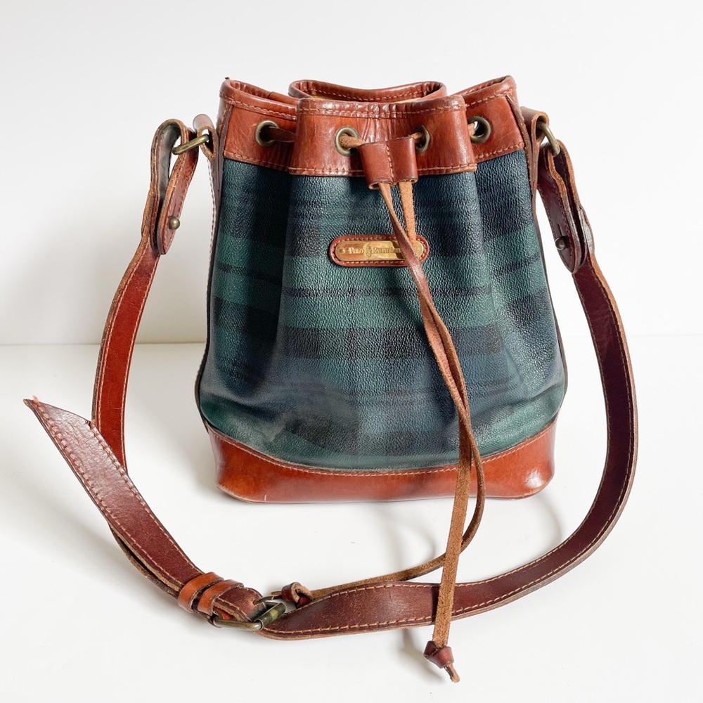 VTG Polo Ralph Lauren Coated Canvas & Leather Tartan Plaid Bucket Shoulder Bag